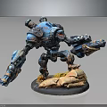 Detailed Blue And Gray Mechanical Warrior Model With Weapon And Sandy Base