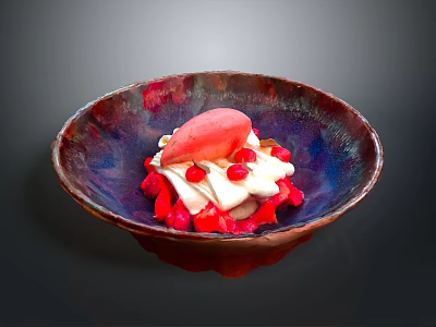 Delicious Creamy Dessert Served in Colorful Glazed Bowl Topped with Fresh Red Berries and Pink Fruit 3d model