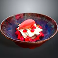 Delicious Creamy Dessert Served in Colorful Glazed Bowl Topped with Fresh Red Berries and Pink Fruit