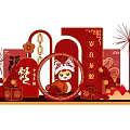 Festive Chinese New Year Red Theme Photo Spot With Lion Dance Figure Lanterns And Fireworks