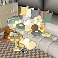 Soft Pillows with Woven Texture in Various Colors and Shapes on Living Room Sofa