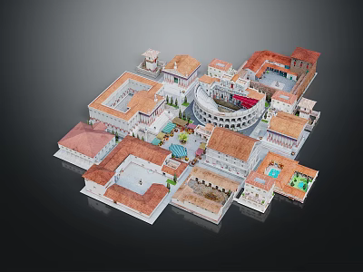 Ancient Roman Architectural Complex Model Featuring Circular Amphitheater Red Roofs And Courtyards 3d model