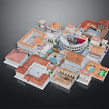 Ancient Roman Architectural Complex Model Featuring Circular Amphitheater Red Roofs And Courtyards 3d model