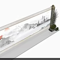 Chinese Ink Style Stage Backdrop With Red Sun Flying Birds Distant Mountains And City Buildings