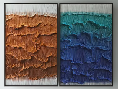 Abstract Textured Wall Art Two Panel Orange Brown Teal Blue Wavy Patterns for Home Decor 3d model