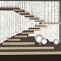 Modern Floating Stairs With Hanging Light Fixtures Stone Wall And White Spherical Decor