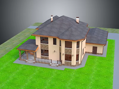 Single Family Home Gray Roof Beige Exterior With Covered Porch Stone Accents And Green Lawn 3d model