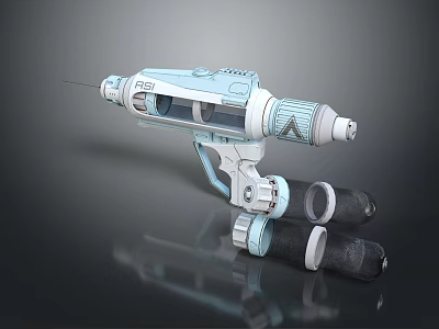 Futuristic Light Blue And White Sci Fi Tool With Grip Nozzle And Storage Canisters 3d model