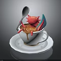 White Coffee Cup With Brown Swirl Liquid Pink Creature Silver Spoon Blue Object On Saucer