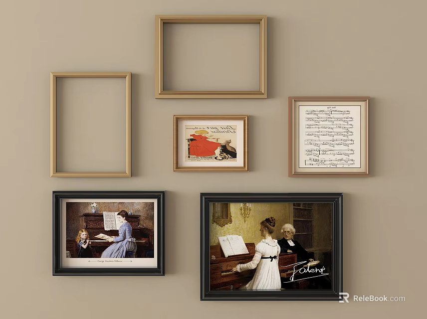 Decorative Photo Frames With Musical Art And Empty Frames On Wall 3d model