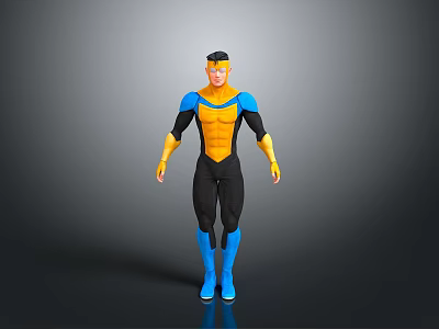 3D Superhero Character Model With Blue Yellow Black Costume And Helmet Boots 3d model