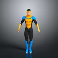 3D Superhero Character Model With Blue Yellow Black Costume And Helmet Boots