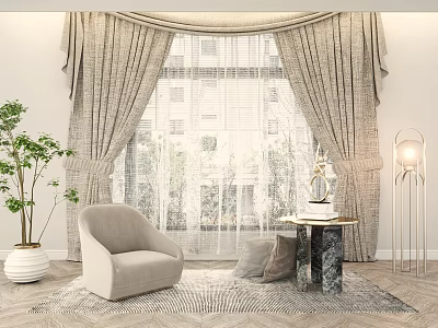 Elegant Gray Curtains For Modern Living Room Interior With Sofa And Plants 3d model