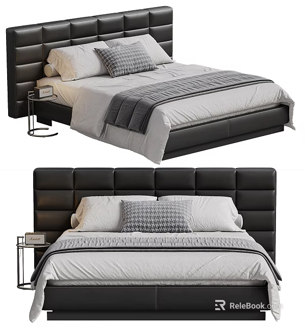 Double Bed With Black Headboard White Sheets Gray Blanket And Bedside Table 3d model