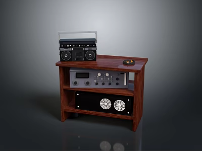 Dark Brown Wooden Audio Equipment Stand With Radio And Control Panel On Shelf 3d model