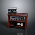 Dark Brown Wooden Audio Equipment Stand With Radio And Control Panel On Shelf
