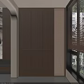 Modern Wooden Balcony Cabinet Design With Window Blinds And Grid Wall