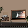 Vintage Wooden Frame Television On Metal Stand With Green Plants And Retro Record Player