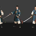 Three Ancient Warrior Game Film Characters In Traditional Blue Outfits Holding Swords And Whips