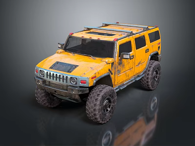 Yellow Hummer Style Off Road Vehicle With Muddy Exterior And Large Tires For Adventure 3d model