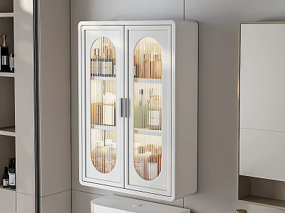 Modern White Wall Mounted Storage Shelf with Double Glass Doors and Bottles Inside 3d model