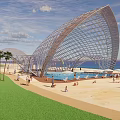 Scenic Waterfront Landscape With Arched Structures Palm Trees And Public Leisure Activities