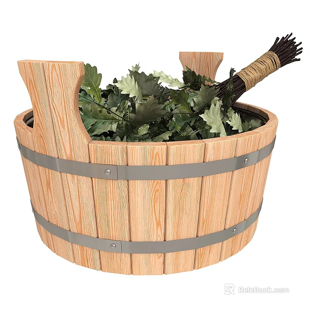 Decorative Ornament Set Featuring Wooden Barrel with Green Leaves and Decorative Broom 3d model 