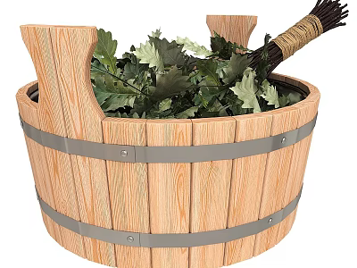 Decorative Ornament Set Featuring Wooden Barrel with Green Leaves and Decorative Broom 3d model