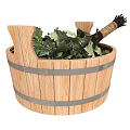 Decorative Ornament Set Featuring Wooden Barrel with Green Leaves and Decorative Broom