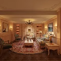 Luxurious Living Room Interior With Wooden Paneled Walls Chandelier Sofa Rug And Bookshelves