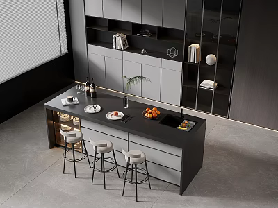Modern Open Kitchen Interior With Island Counter Cabinets And Bar Stools 3d model