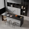 Modern Open Kitchen Interior With Island Counter Cabinets And Bar Stools 3d model