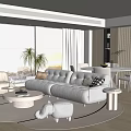 Cream Style Home Guest Restaurant Fabric Sofa Coffee Table Combination Round Coffee Table Dining Table and Chair Combination Backrest Dining Chair Leisure Sofa Chair Floor-to-ceiling Window Decoration Ornaments 3d model