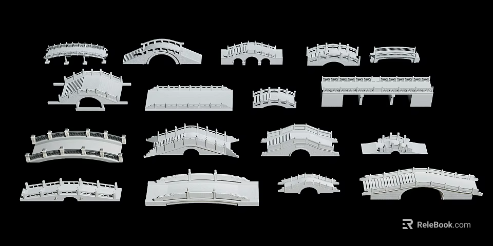 Various Styles of White Bridge Models Arranged on Black Background 3d model 