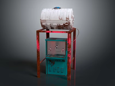 Water Dispensing Equipment With Red Metal Stand White Storage Bucket And Blue Control Cabinet 3d model