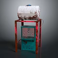 Water Dispensing Equipment With Red Metal Stand White Storage Bucket And Blue Control Cabinet