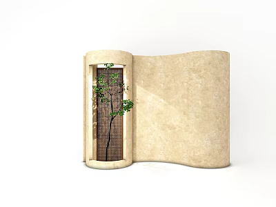Modern Beige Curved Partition With Grille And Green Plant For Interior Design 3d model