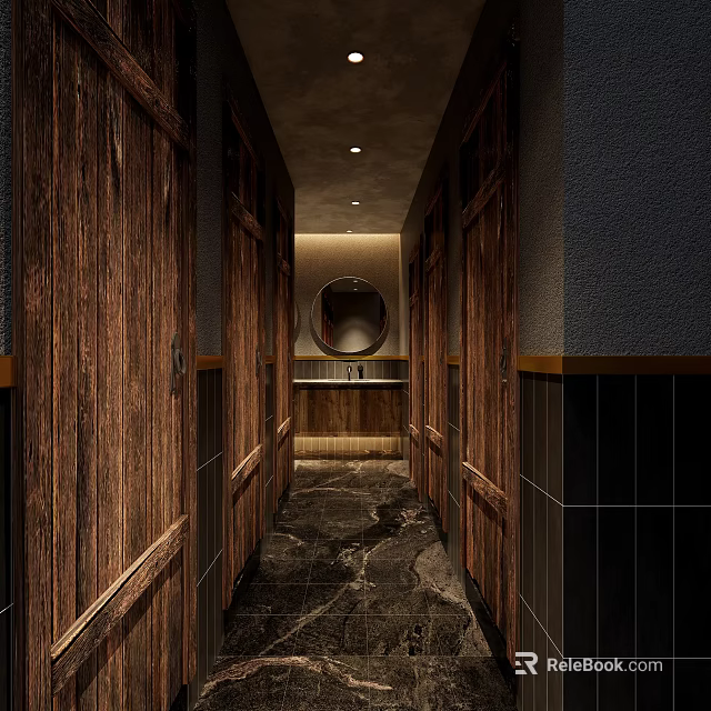 Rustic Vintage Public Toilet With Textured Wooden Stall Doors And Dark Marble Tile Flooring 3d model 