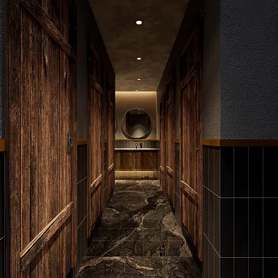Rustic Vintage Public Toilet With Textured Wooden Stall Doors And Dark Marble Tile Flooring 3d model