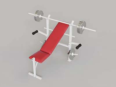 Adjustable Weight Bench Press Fitness Equipment with Red Padding White Frame and Barbell Weight Plates 3d model