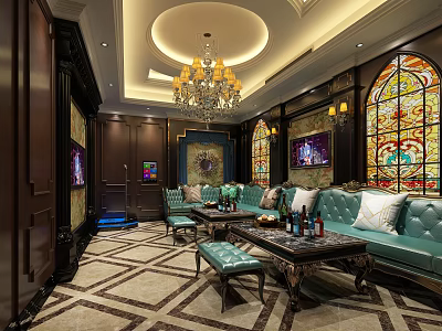 Elegant KTV Interior With Stained Glass Windows Turquoise Sofas And Round Chandelier 3d model