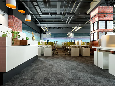 Modern Public Office Space With Open Layout Workstations Hanging Lights Brick Walls And Potted Plants 3d model