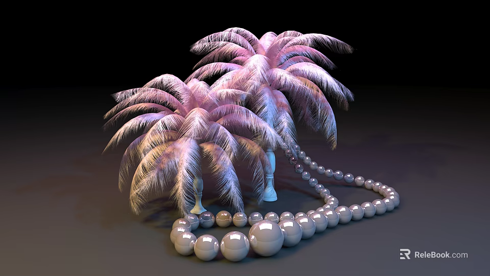 Elegant Decorative Ornament Set with Pink White Gradient Palm Tree Decorations and Beaded Ball Chain 3d model 