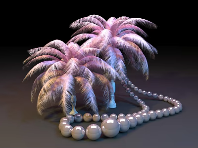 Elegant Decorative Ornament Set with Pink White Gradient Palm Tree Decorations and Beaded Ball Chain 3d model