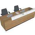 Modern Wooden Reception Desk With White Countertop Laptops And Black Chairs