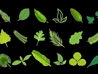 Various Green Leaf Silhouettes Collection With Different Shapes On Black Background 3d model