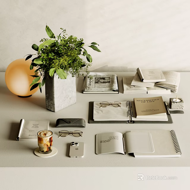 Elegant Decorative Ornament Combination Featuring Green Plants Vase Books Eyeglasses Cup And Notebooks 3d model 