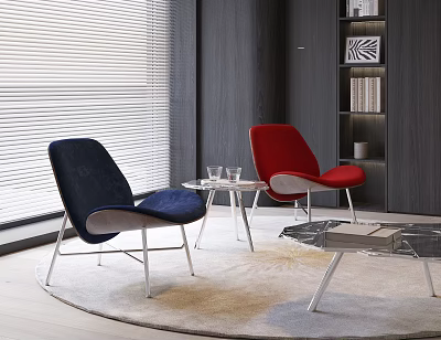 Comfortable Leisure Chairs Blue Red Velvet Upholstered Metal Legs Living Room With Side Table Rug 3d model