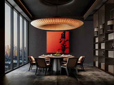 Modern Restaurant Interior With Round Dining Table Pendant Light Red Painting And City View Through Windows 3d model