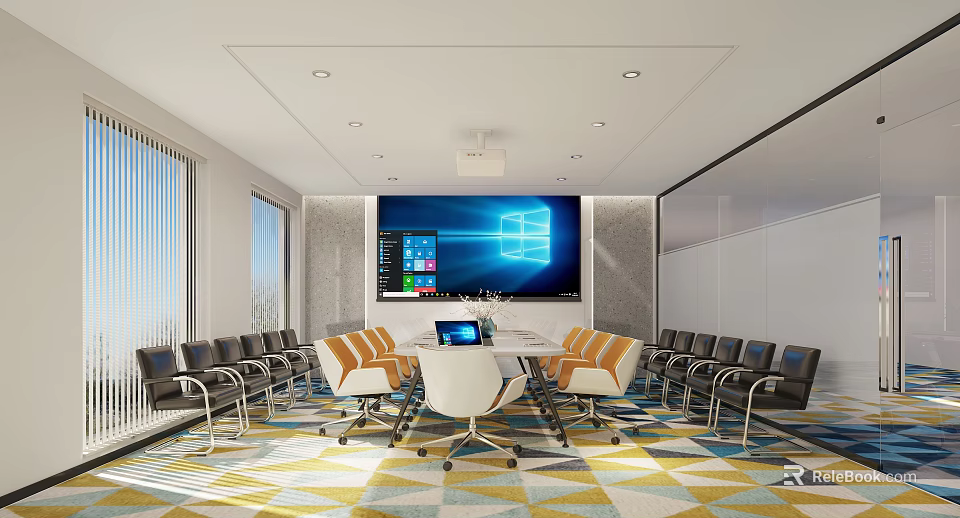 Modern Conference Room Interior With Large Screen Round Table And Geometric Carpet 3d model 